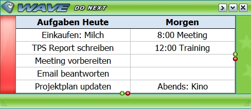 Bildschirmfoto DoNext Eine Liste mit zwei Spalten, eine für Heute und eine für Aufgaben von Morgen